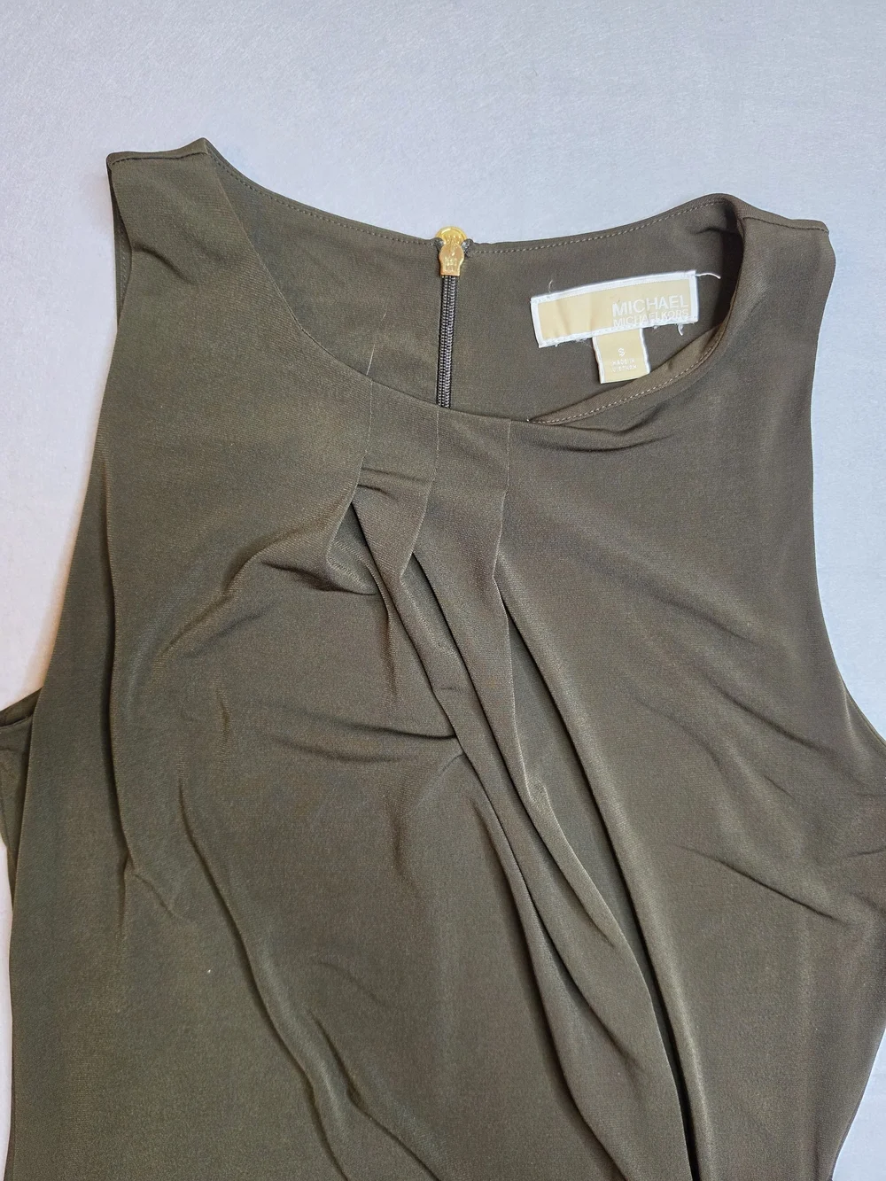 Michael Kors Olive Green Ruched Sleeveless‎ Bodycon Midi Dress - Size Small